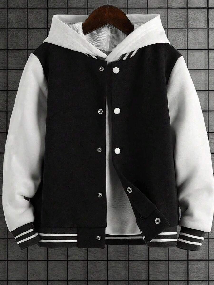 1pc Tween Boys Casual Solid Color Pullover Hoodie Jacket, Sporty College Style, Spring/Autumn - Black - View 1