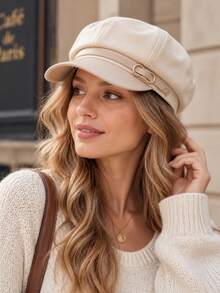 1pc Women's Vintage Newsboy Cap With Metal Buckle, Octagonal Beret, Autumn/Winter Daily Street Casual Flat Cap - Flat Top - View 10