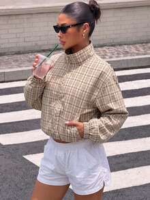 Women's Autumn Plaid Jacket Loose Casual Daily Vacation Style - Apricot - View 6