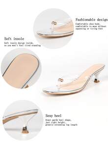 Glam Vacation Silver Metallic Clear PVC Thong‑Style Slip‑On Mule Heels, Square Toe Flared Mid‑Heel Slide Sandals For Evening Party Occasion - Clear - View 6