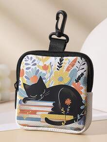 1/2pcs ,Cat & Books Floral Print Mini Coin Purse,Zipper Closure Small Pouch With Swivel Hook For Earphones Coins Tiny Accessories,Can Hang On Backpack - Multicolor - View 5