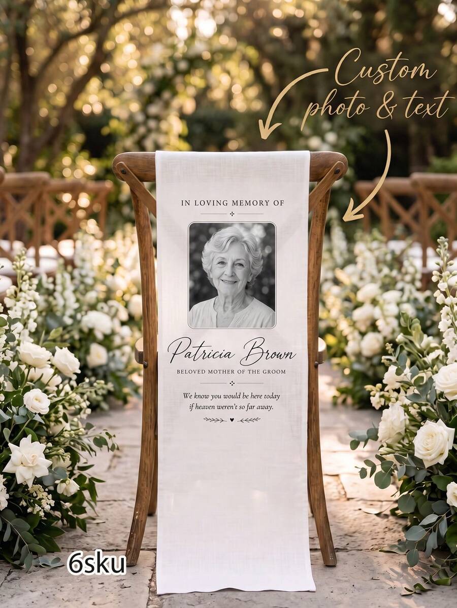 1pc Custom Photo And Text Wedding Memorial Chair Sash, Personalized In Loving Memory Chair Banner, Reserved Seat Remembrance Decor For Lost Loved Ones - Multicolor - View 1