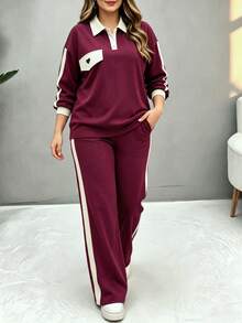 Autumn Fashion Women's New Polo Collar Long Sleeve T-Shirt & Casual Daily Elastic Waist Loose Pants 2 Pieces Set, Faux Two Pieces Colorblock Collar Burgundy Red Polo Shirt & Wide Leg Pants, Sports Commute Outfit, Suitable For Outings, Exercise, Daily Commute, Streetwear - Burgundy - View 3
