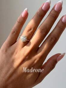 MADEONE 1pc Classic Round Flower Ring, Zirconia Inlaid, Suitable As Engagement Gift Or Holiday Gift, Jewelry Gift - Flower Shaped Round Diamond Ring - View 2