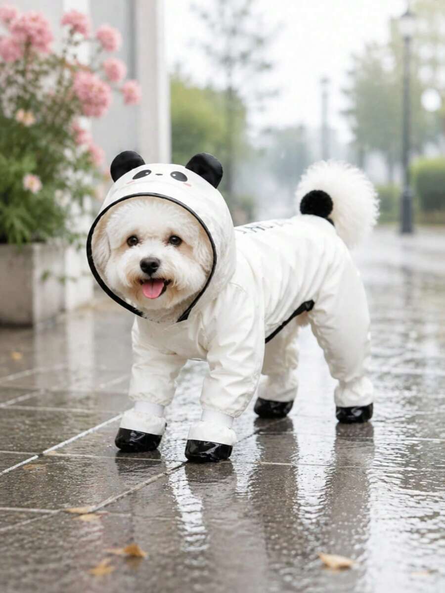 Panda Print Waterproof Dog Raincoat Set, Includes 1 Raincoat And 1 Free Waterproof Leash, Windproof And Fully Waterproof, Full Coverage Design, With Special Fasteners, Non-Slip Rubber Sole, Adjustable Hook And Loop, Full Paw Coverage