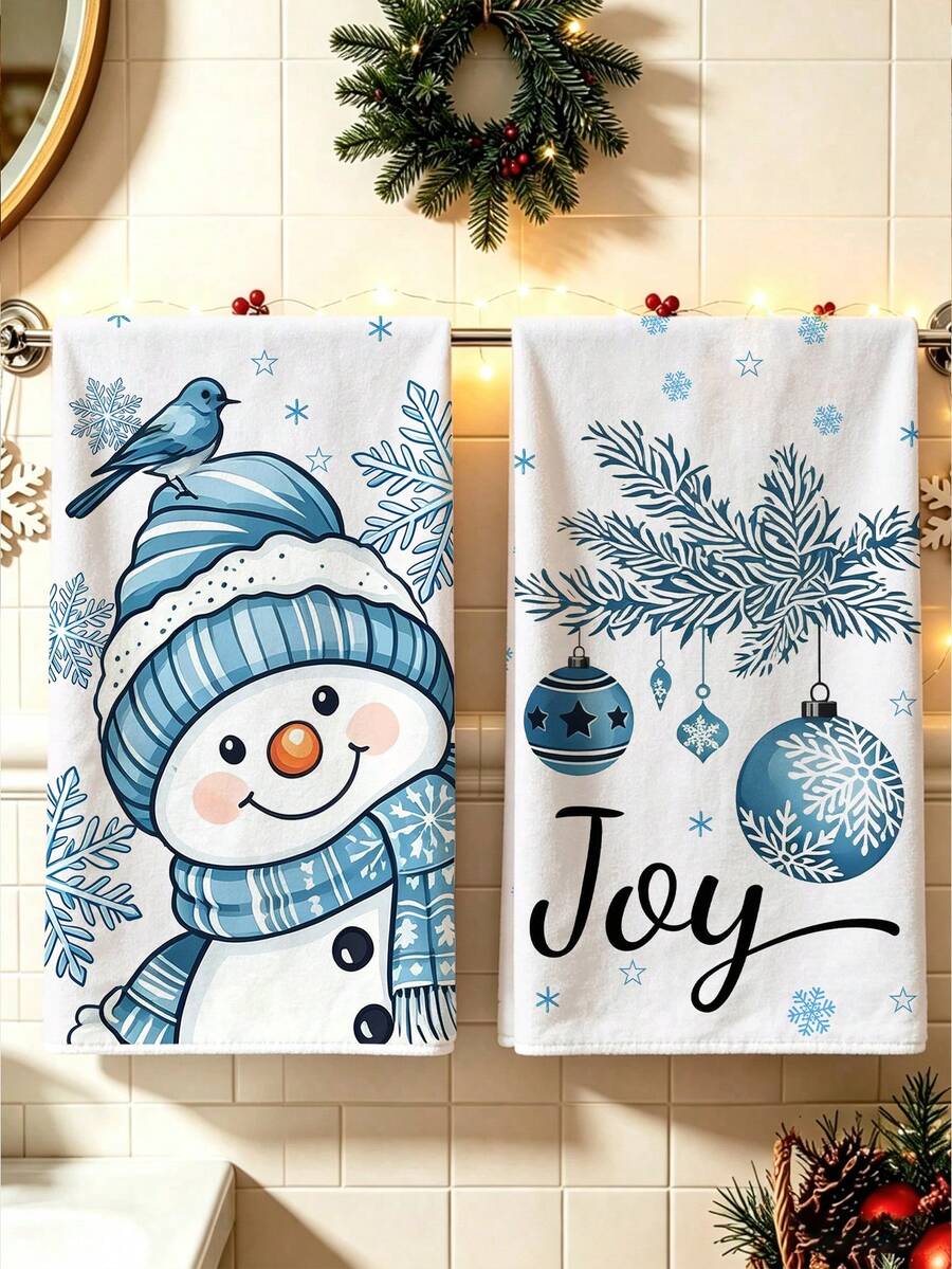 2件裝清爽藍色聖誕雪人JOY聖誕掛式廚房抹布,聖誕烘焙餐盤布,家居裝飾 - 彩色 - 查看 1