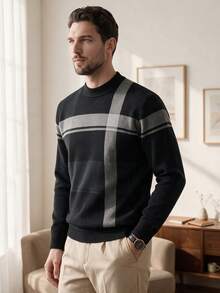 Men's Autumn/Winter Round Neck Striped Sweater, Stand Collar Business Casual Knitted Pullover, Comfortable For Party, Home Wear, Long Sleeve Top - Black - View 3