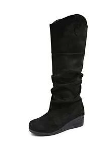 Women's Ruched Knee-High Wedge Boots, Faux Suede Slip-On Loose High-Top Boots, Comfortable Thick Sole Wedge Heel Fashion Winter Boots - Black - View 7