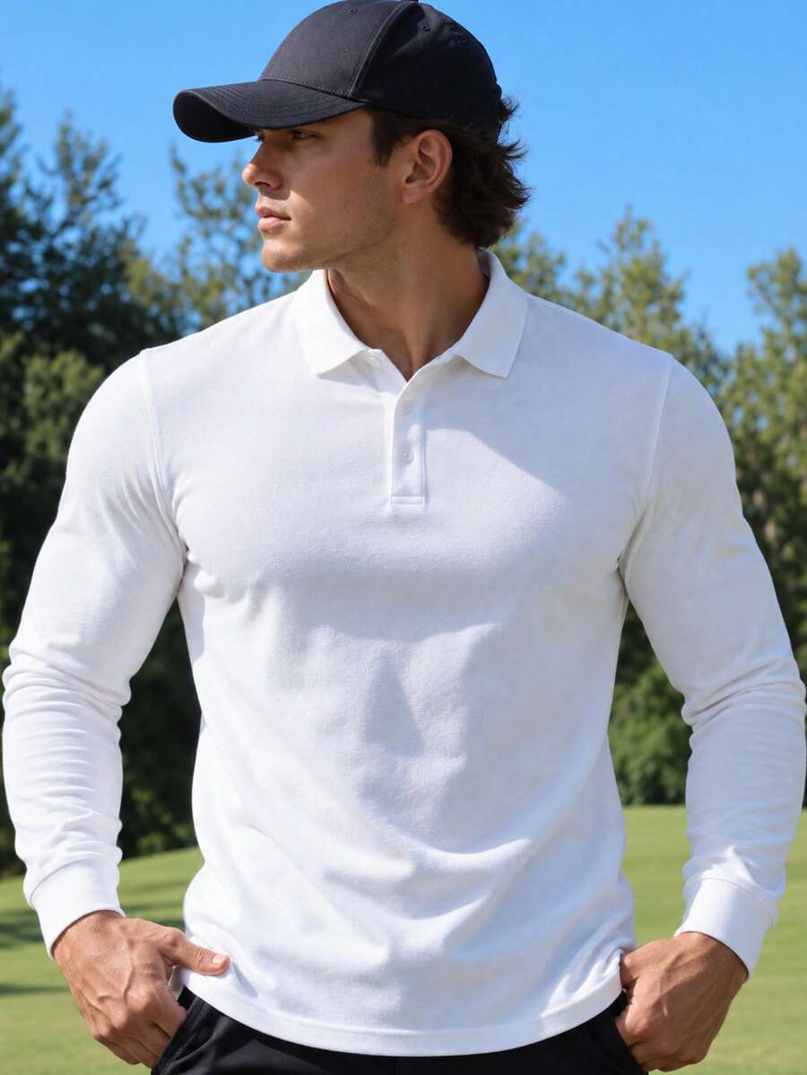 Men's Autumn Solid Color Classic Polo Shirt, Button Placket & Ribbed Cuffs, Basic Long Sleeve, Suitable For Daily Commute And Business Casual - White - View 1