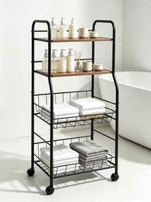4-Tier Rolling Storage Cart, Wood Grain Shelves & Wire Baskets, Mobile Organizer Rack, Kitchen Storage, Wire Basket Cart, Easy Assembly, Space Saving, Durable, Bathroom Storage Shelf - View 2