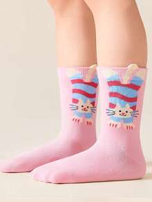 5 Pairs Cute Cartoon Cat Kids Socks, Adorable Baby Mid-Calf Dopamine Girl Socks, Suitable For Spring, Autumn, Winter - Multicolor - View 2
