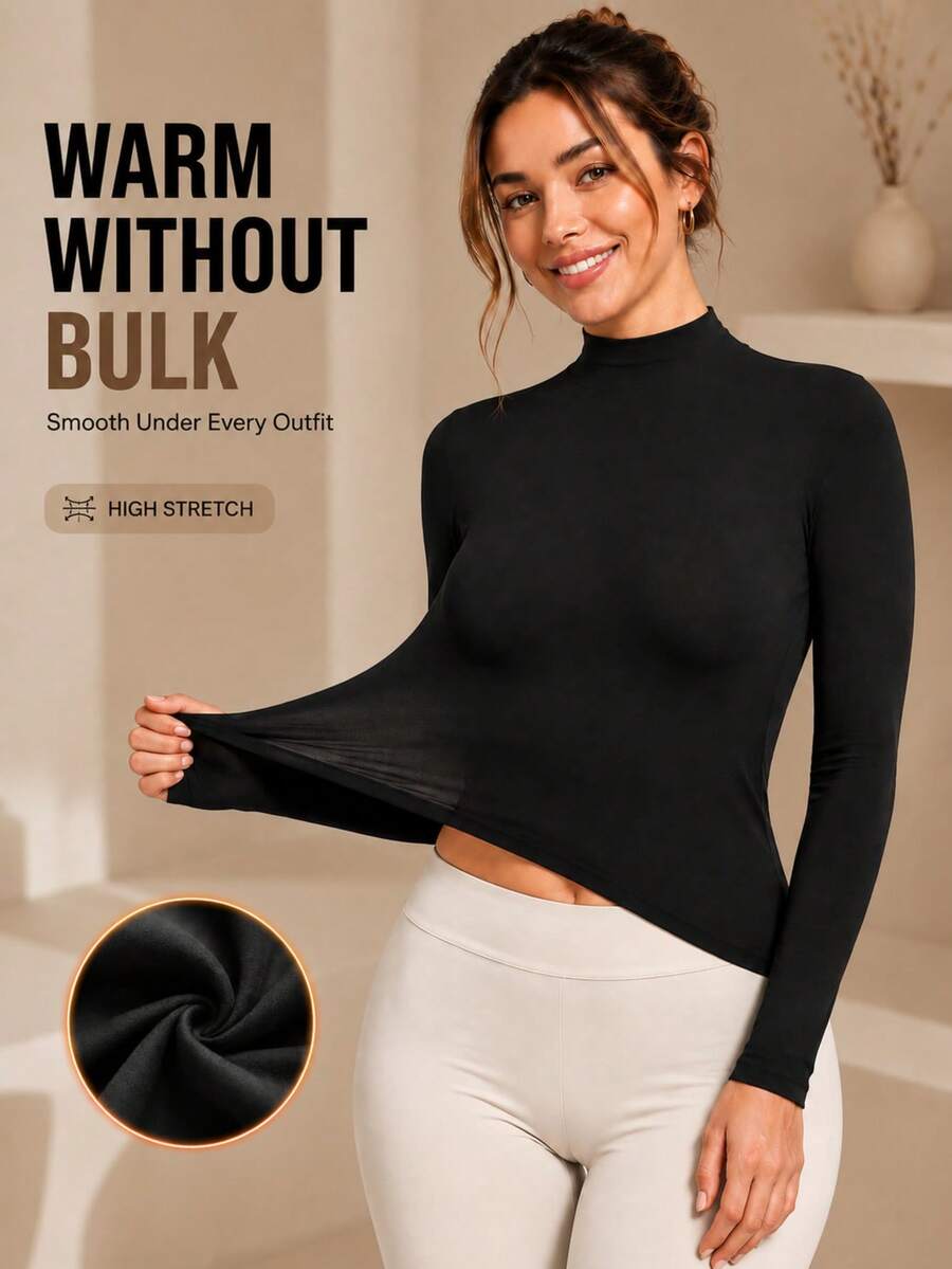 Women's High Neck Seamless Warm Long Sleeve Base Layer, Round Neck Slim Fit High Elasticity Autumn/Winter Undershirt - Apricot - View 1