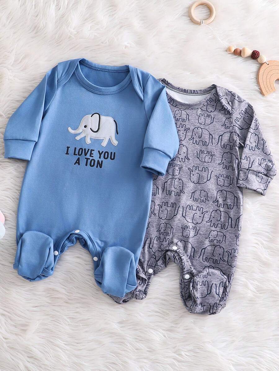 Autumn/Winter Cute Newborn Blue Elephant Print + Grey All-Over Elephant Print Romper 2-Piece Set, Soft Fabric, Suitable For Baby Boy Home Wear - Royal Blue - View 1