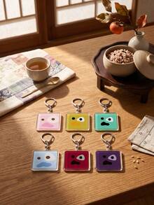1pc/6pcs Cute Corit Minimalist Expression Aesthetic Acrylic Keychains, Simple Style Misaligned Eye Series Six Colors Funny Adorable Shocked Expression Square Pattern Pendant, Backpack & Car Key Accessory, Gift For & Funny Art Lovers - Multicolor - View 2