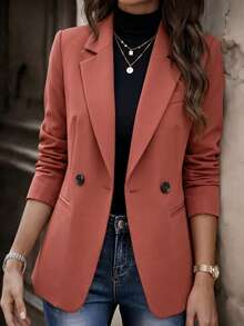 Women's Solid Color Long Sleeve Blazer, Notch Lapel Button Pocket Jacket, Casual Commuter Top For Daily, Home, Vacation, Preppy Style, Spring Autumn Winter - Burnt Orange - View 9