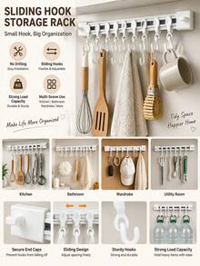 No‑Drill Sliding Hook Rail, Damage‑Free Wall & Cabinet Mount Hanger With Removable Slidable Hooks, Customizable Hanging Layout, Great For Kitchen Utensils, Bath Linens, Dorm Accessories, Comes As Single Piece - View 10