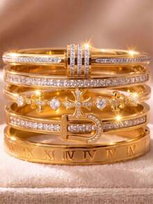 5/1pcsLuxury Gold‑Tone Stainless Steel Bangle Set, Different Bangles Bring You Distinct Wearing Experiences - Gold - View 16