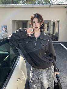 Spring/Autumn Vintage Hot Girl Oversized Half-Zip Pullover Sweatshirt With Large Collar, Stand Collar, Pockets, Multi-Wear Top - Dark Grey - View 3