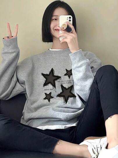 Women's Loose Star Print Sweatshirt, Comfortable Long Sleeve Crew Neck Pullover, Winter Warm Lining Top