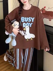2pcs Women's Pajamas Loungewear Set, Round Neck Couple Style Pullover Cute Goose Print Long Sleeve Pants, Comfortable For Home Wear - Brown - View 8