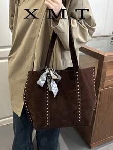 1pc New Solid Color Rivet Silk Scarf Fashion Women's Handbag, Solid Color Suede Patchwork Large Capacity Rivet Shoulder Bag, Minimalist Fashion Versatile Elegant Tote - Coffee Brown - View 1