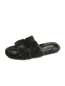 New Women's Plush Slip-On Flat Open-Toe Slippers, Solid Color Casual Home Slip-On Fuzzy Comfortable Versatile Slippers - Black - View 8