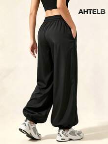 AHTELB Women Loose Harem Pants, Elastic Waist Joggers For Sports Workout Daily Wear, Practical Gift For Best Friend, Girlfriend, Family - Black - View 2