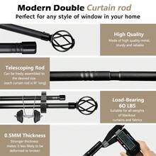 1 Set Double Curtain Rod Set, Metal Adjustable Splice Double Curtain Rod Set, Suitable For Windows, Equipped With Brackets, Perfect For Blackout Curtains In Bathroom, Bedroom And Living Room (Black) - American Style Double Rod - Black - View 4