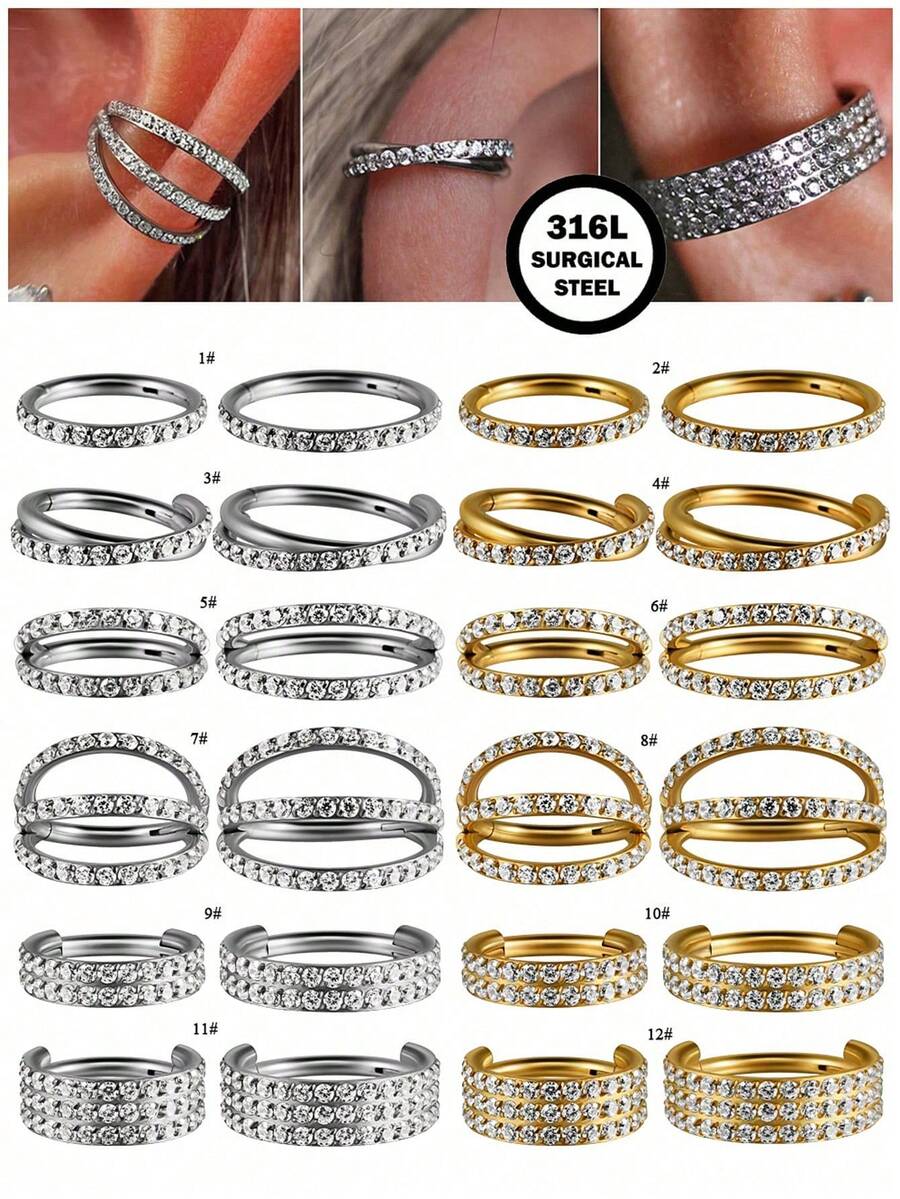 1pc CZ Hinged Septum Ring 316L Stainless Steel Side Set Zirconia Cartilage Hoop Women's Helix Piercing Earring Body Jewelry - As Shown - View 1