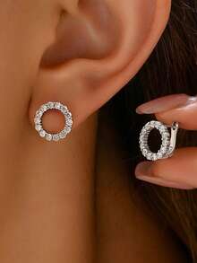 1對立方氧化鋯圓形耳釘，女士珠寶禮物，情人節休閒優雅珠寶 - 款式5 - 查看 3