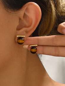 1 Pair Elegant Small Delicate Vintage Autumn/Winter Brown Geometric Ball Stud Earrings - Brown - View 2