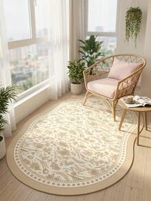 1PC Beige Khaki Botanical Floral Line Pattern French Country Vintage Rug, Fresh Elegant Style Faux Cashmere Asymmetrical Wavy Oval Shape Full Coverage Floral Vine & Diamond Wave Border Details Machine Washable Area Carpet, Suitable For Living Room Bedroom Balcony, All Season Home Decor - Multicolor - View 5