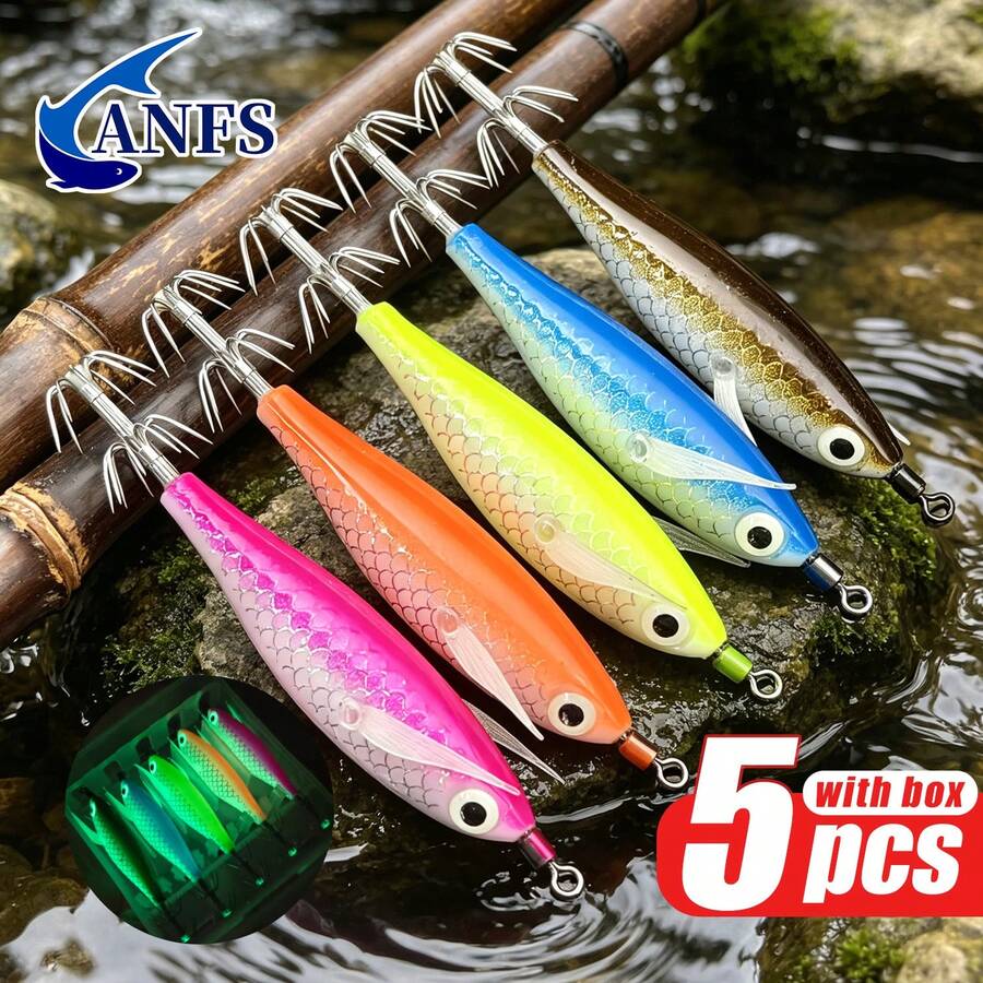 ANFS 5pcs Horizontal Egi Squid Jig Set, Fishing Gear, Shrimp Lure For Saltwater Octopus Cuttlefish Sea Fishing