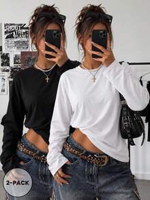 2pcs Women's Crew Neck Long Sleeve Regular Fit Loose T-Shirt, Fashionable Versatile Casual Spring/Autumn New Style Tops - Black and White - View 3