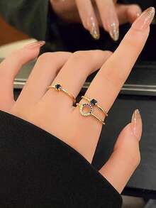 3pcs Fashion Minimalist Cubic Zirconia Geometric Open Ring Set, Suitable For Women's Daily Commute Wear - Yellow Gold - View 2