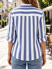 Women Linen Button Down Shirts Wide Striped Roll Up Sleeve Casual Collared Blouse Lightweight Work Tops - Blue - View 2