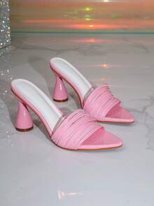 Women's Pink Decorative Pyramid High Heel Mule Sandals, Glamorous Party High Heel Sandals - Pink - View 2