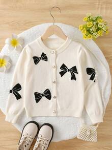 Young Girl Bow Pattern Knitted Cardigan Suitable For Daily Wear In Spring, Autumn, And Winter - Apricot - View 1