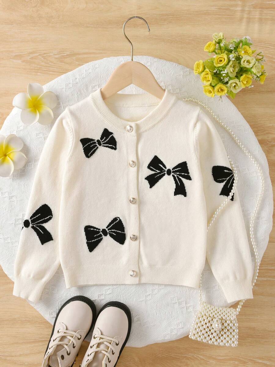 Young Girl Bow Pattern Knitted Cardigan Suitable For Daily Wear In Spring, Autumn, And Winter - Apricot - View 1