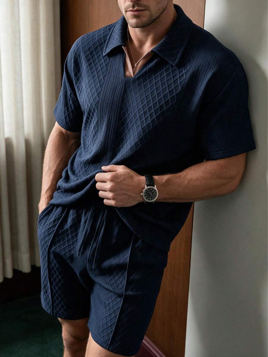 Men's Cool Daily Commute Home Casual Polyester Fabric Solid Color Versatile Sports Breathable Diamond Pattern Set - Navy Blue - View 1