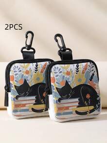 1/2pcs ,Cat & Books Floral Print Mini Coin Purse,Zipper Closure Small Pouch With Swivel Hook For Earphones Coins Tiny Accessories,Can Hang On Backpack - Multicolor - View 14