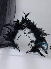 1pc Gothic Black Feather Halo Crown Headband Dark Angel Rhinestone Pendant Floral Wreath Halloween Cosplay Party Hair Accessory - Black - View 6