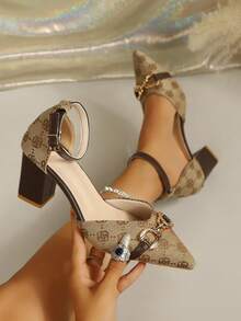 Vintage Women's High Heel Shoes, Gold Horsebit Buckle, Floral Print, Pointed Toe Ankle Strap Chunky Heel Sandals, Suitable For Workplace, Party - Brown - View 3