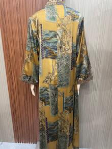 New Ramadan Women's Ramadan Rope Embroidery Print Craft Long Robe Light Luxury Elegant Stand Collar Abayas Dress - NC237 Yellow - View 3