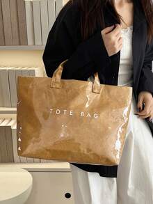 Tote Bag, Square-Shaped Structured Large Capacity Body, Glossy Finish With Texture, Dual Short Handles For Hand-Carrying. Minimalist Letter Print On The Body, Spacious Interior For Storing Various Personal Items, Open Design For Convenient Access, Versatile Style Suitable For Daily Outings, Commuting And Shopping, Creating A Casual And Fashionable Daily Outfit Look. - Brown - View 2