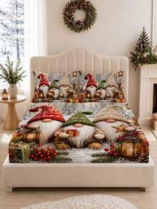 3pcs Winter Forest Gnome Bedding Set, Christmas Forest Gnome Dwarf Pine Tree Lantern Gift Print (1 Fitted Sheet + 2 Pillowcases, Pillow Inserts Not Included), Comfortable And Breathable, Multiple Sizes Available, Suitable For Master Bedroom, Guest Room, Etc. - Multicolor - View 6