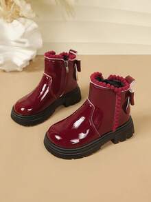 1 Pair Girls' Heart Rhinestone Ankle Boots, Thick Sole Princess Fashion Versatile Outdoor Wear For Autumn/Winter, Big Kids - Hot Pink - View 1