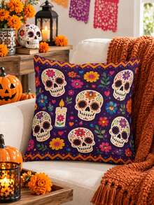 Day Of The Dead Sugar Skull Table Runner, Pillow Case, Placemat, Mexican Style Party Decoration, Purple Floral Candle Pattern, Day Of The Dead Tablecloth, Bohemian Kitchen Home Decor - Multicolor - View 3