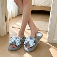 Women Fuzzy Plush Slide Slippers, Waffle Bow Decor Open‑Toe Soft Warm Indoor Bedroom House Slippers - Grey - View 3