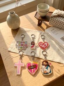 1pc/6pcs Christian Faith Jesus Cute Graphic Acrylic Keychains, Includes Colorful Vintage Letter Collage "JESUS LOVES YOU" Block, Open Arms Cartoon Jesus Wearing "Jesus Loves You" Red Strap, Irregular Shaped Pendant - Multicolor - View 3
